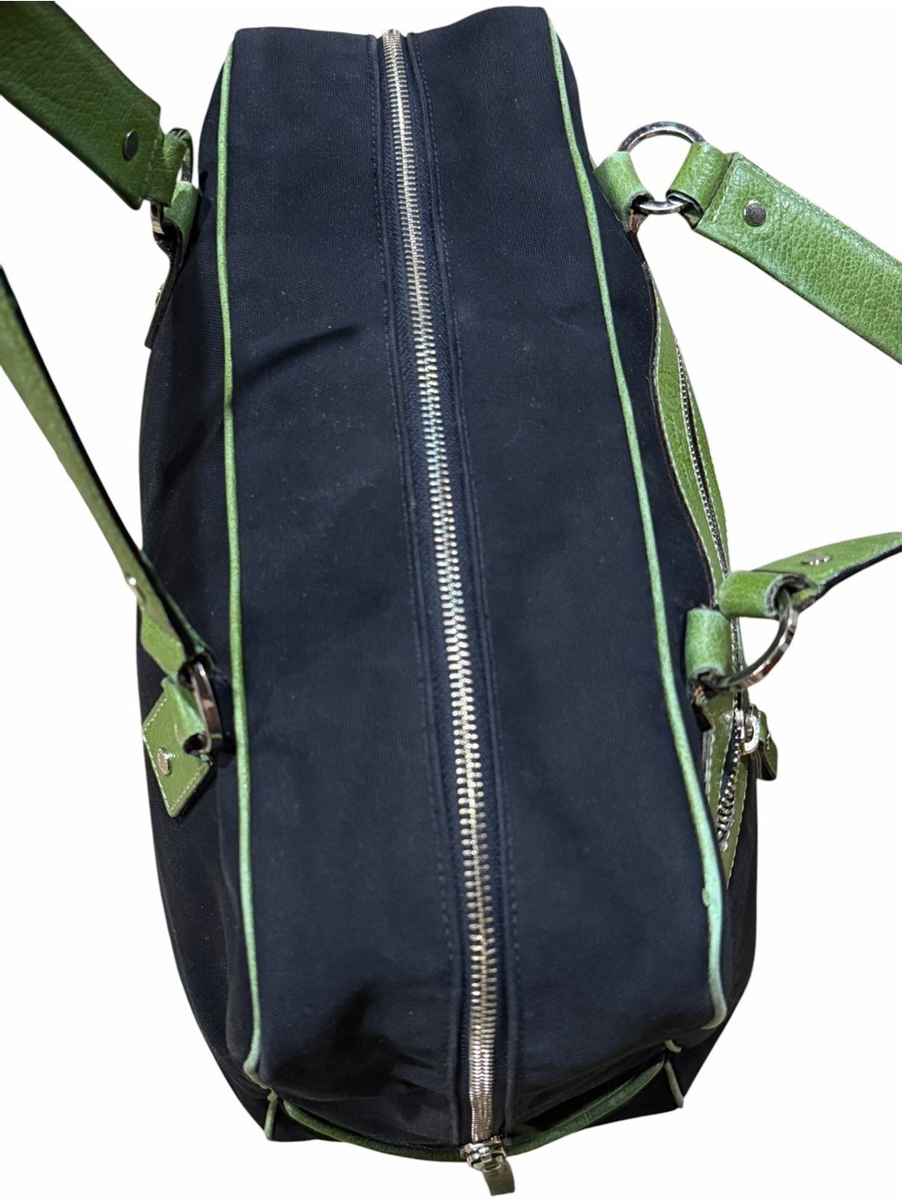 Kate Spade New York Canvas Tote Bag Navy Green Leather Trim - Picture 5 of 15
